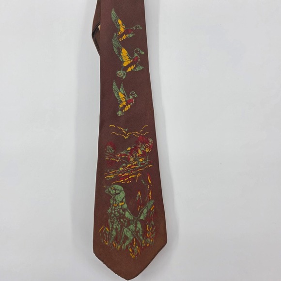 Vintage Arco Brown Hunting Dog Duck Print Silk Necktie Men's Fashion Accessory